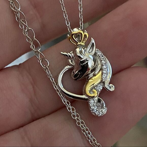 Unicorn Sterling Silver Two-tone CZ Necklace - Picture 1 of 4